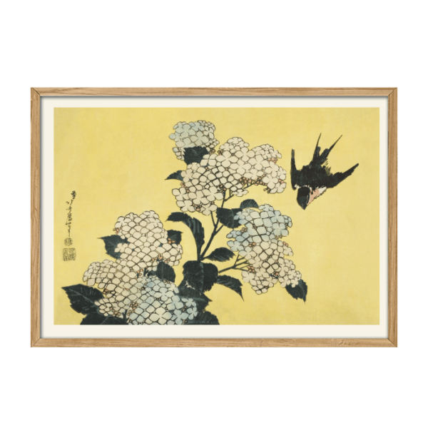 Hydrangea plakat af Hokusai. Japansk. Gul plakat med planter og en svale