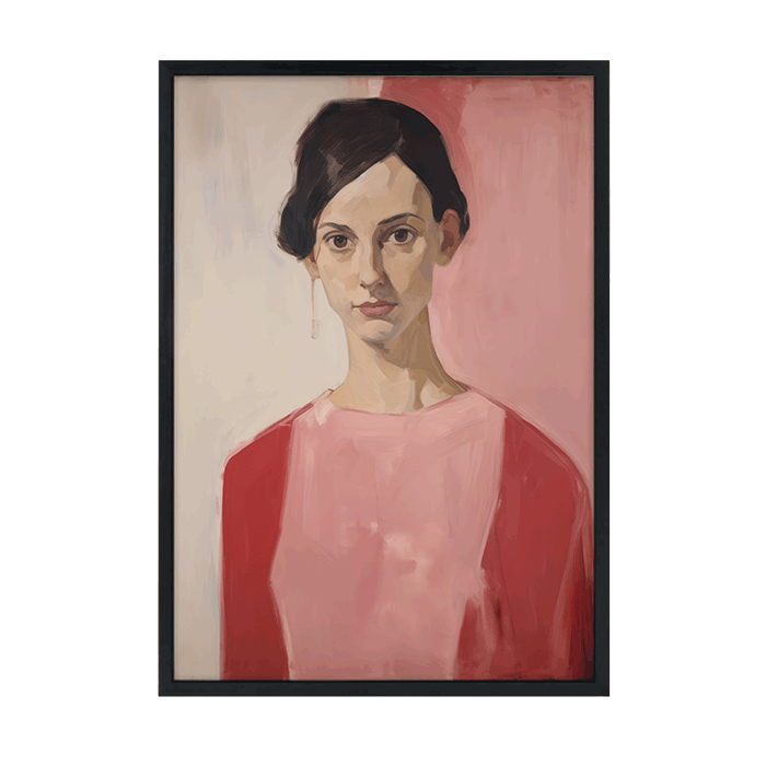 Missy Carol. Kvinde i rød kjole malet i portræt med et lyserødt skær på baggrunden. Feminint og simpelt - men meget stærk kontrast.
