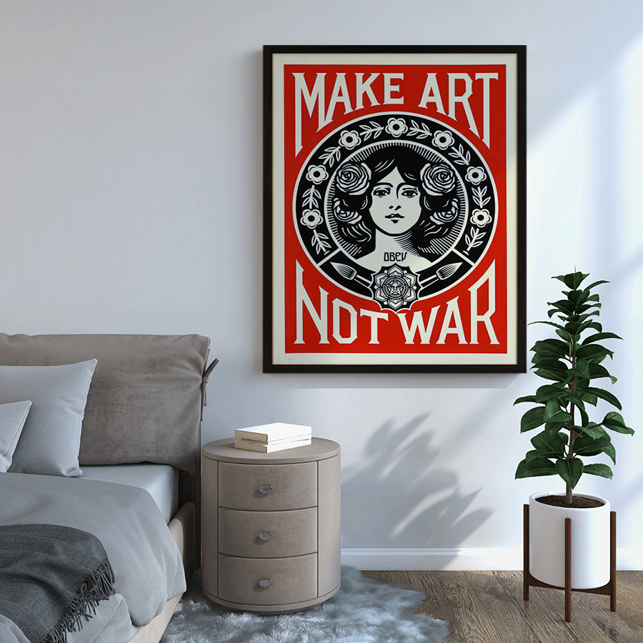 Make art not War plakat i rød med dame i sorthvid