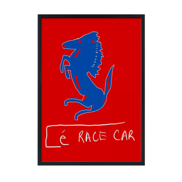 Le Race Care Rød plakat med blå Farrarihest